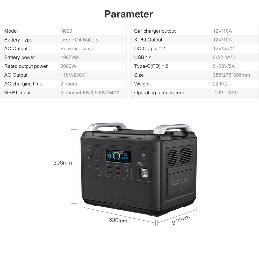 Ups Lithium Portable Power Station Lifepo4 Solar 2000W 1000 Watt Two-Way Quick