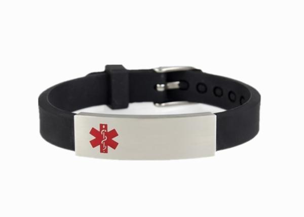 Black Silicone Medical ID Bracelets / Silicone ID Wristbands With Red Medical