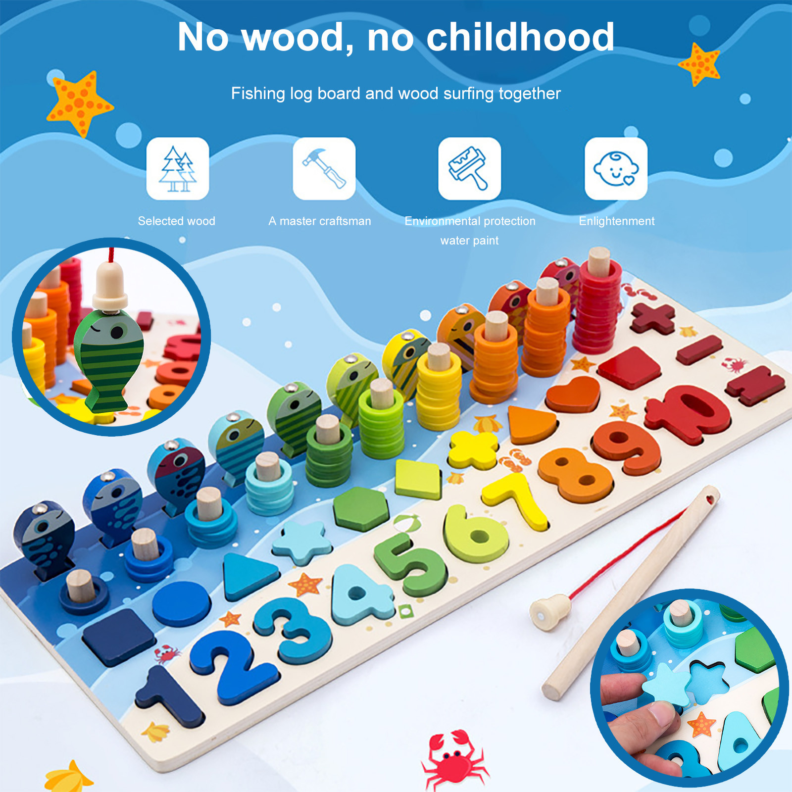 Math Fishing Educational Wooden Montessori Baby Toys 15cm