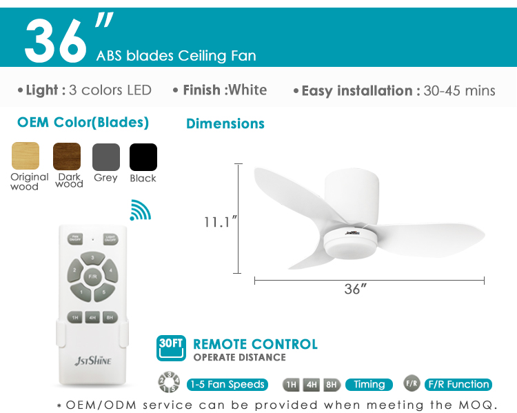 Small Space Big Impact 36" LED Ceiling Fan with 3 Color Dimmable Light and 5 Speeds