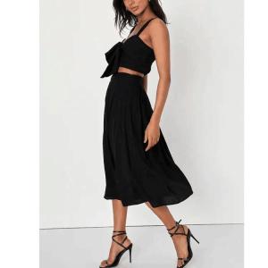 Wholesale Crinkle Woven Rayon Black Sleeveless Tie-Front Two-Piece Dress Smocked Crop Tank Top and High Waist Long Skirts Suits from china suppliers