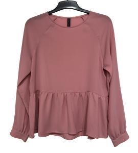 Wholesale autumn season Pleated Bottom Long Sleeve Round Collar Blouse Rose Color Polyester Fabric blouse from china suppliers
