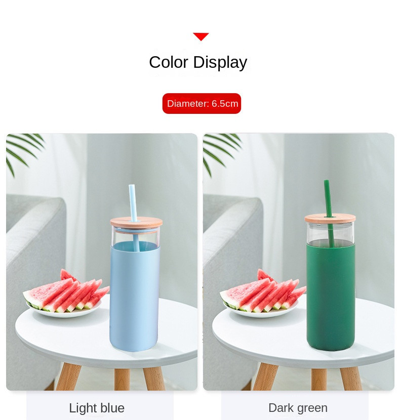 Spill Proof 500ml Colorful Outdoor Travel Glass Water Bottle With Straw Bamboo Lid Water Bottle Lightweight For Home OfficeCustomized Acceptable