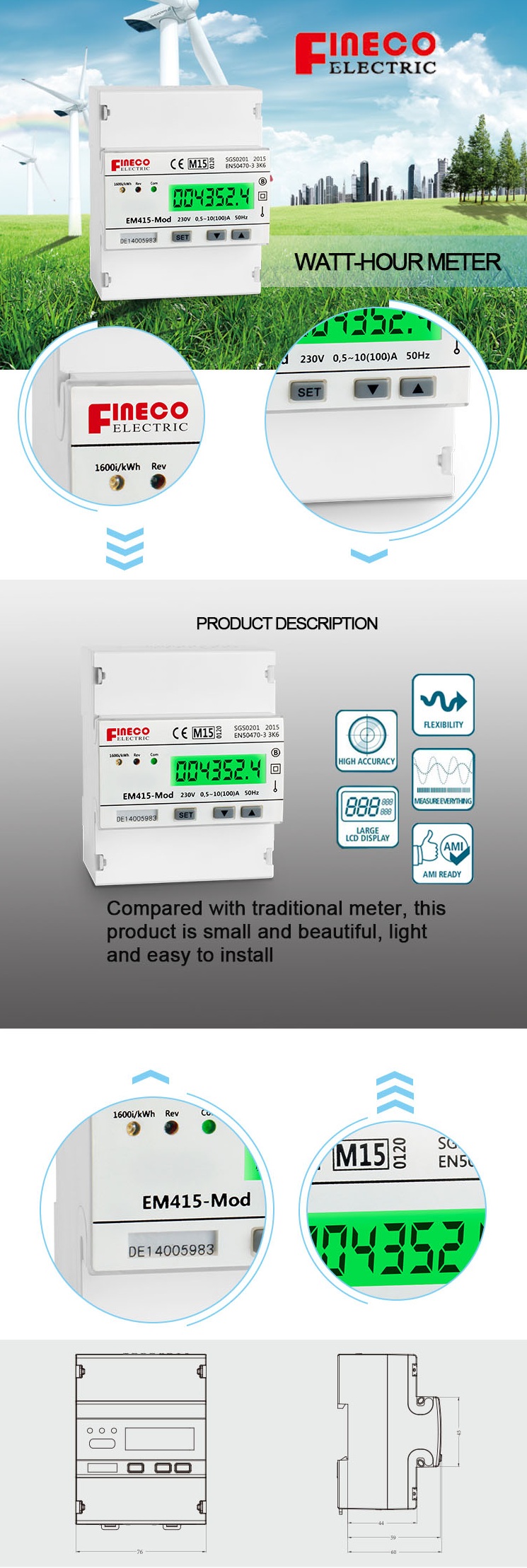 Single Phase Digital Energy Meter EM415-Mod 230V 10 100 A MID Approved