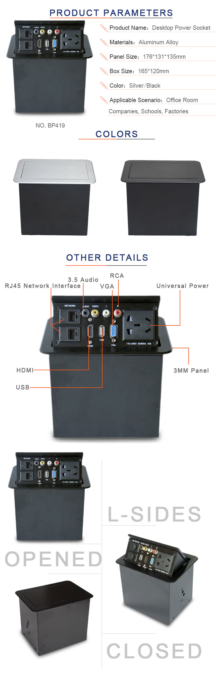 BNT table connection hub round corner spring pop up desk power data outlet