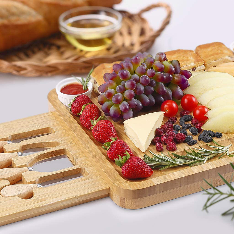 Gift-Worthy Rectangle Bamboo Cheese Board with Full Cutlery and Ceramic Sauce Plate
