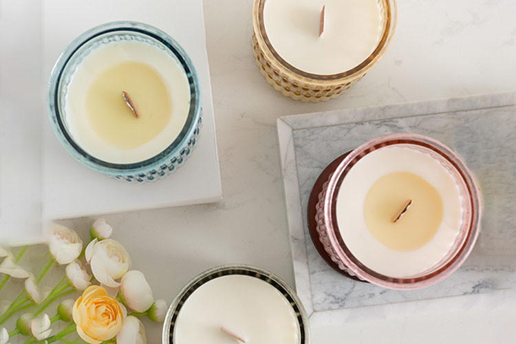 Vintage Glass Tealight Candle Holders Embossed Feature Wooden Cover