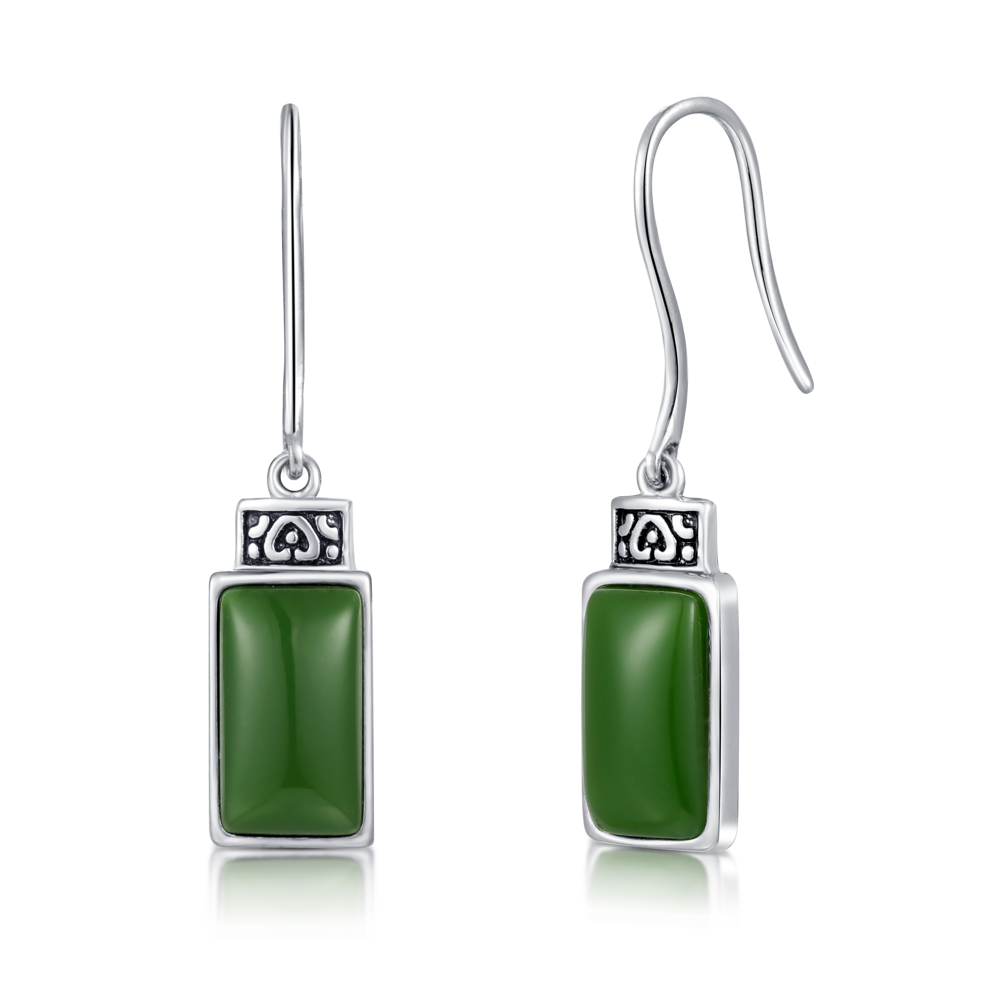 Cabochon 925 Sterling Silver Gemstone Earrings 7x12mm Rectangle Green Jade