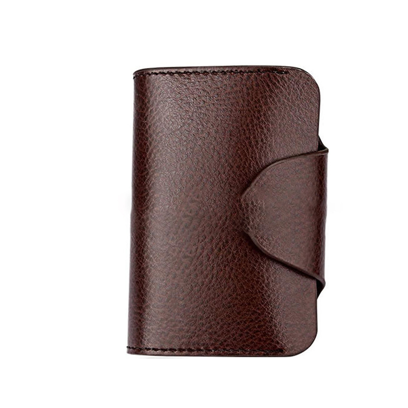 Leather Button Wallet Short Business Card Wallet with RFID Protection and Lock Buckle