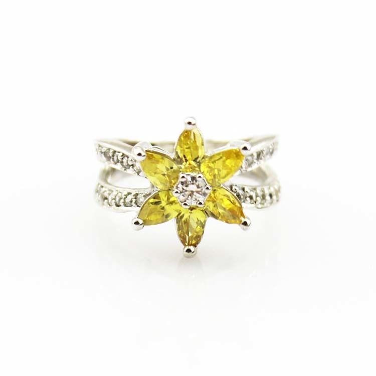 Designer Jewelry Sterling Silver with Yellow Cubic Zircon Flower Gemstone Ring （R0012）
