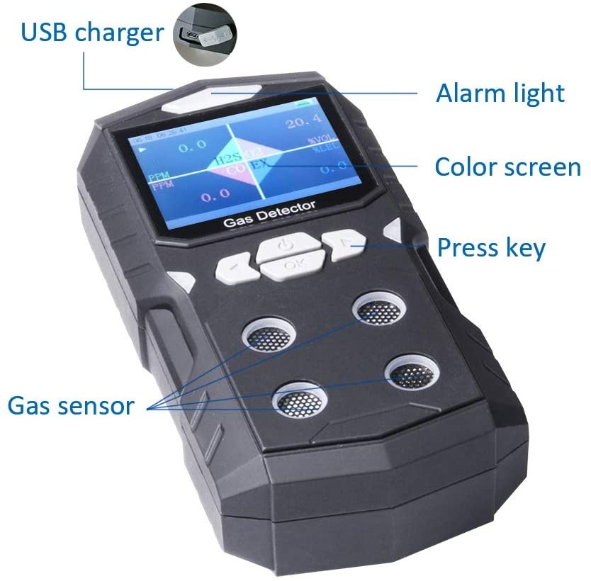 4 In 1 Handheld Multi Gas Detector 100PPM 1000PPM Data Logging Voice Alarm