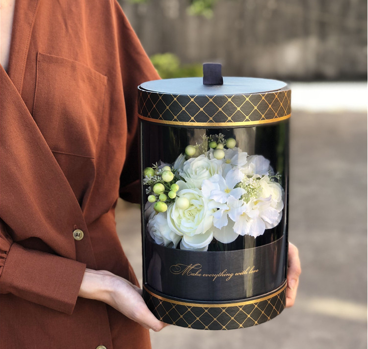 Custom Luxury Clear Window Transparent Paper Round Cylinder Shape Wedding Flower Boxes