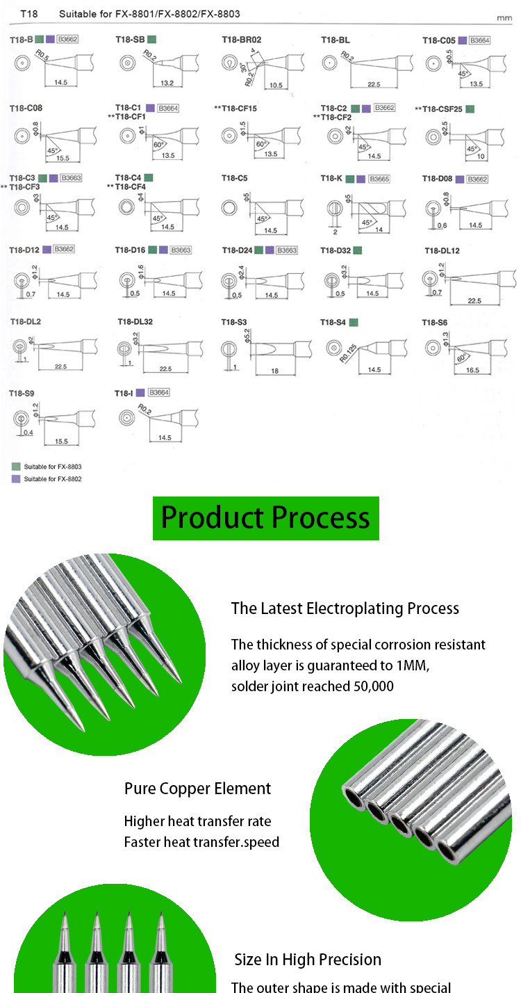 Green T18 Series Soldering Tips 40000-80000 Solder Point for Hakko Soldering Station
