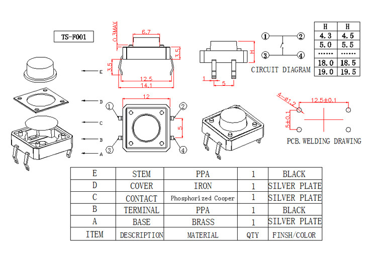 Black Round Button SMD Tactile Switch Through Hole Type For High Density Mounting