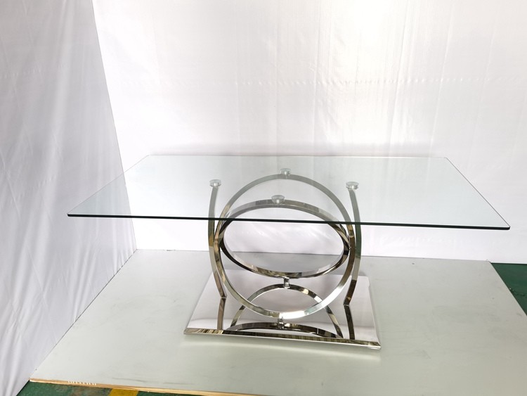 Luxury Silver Metal Dining Table With Clear Glass For Dining Room