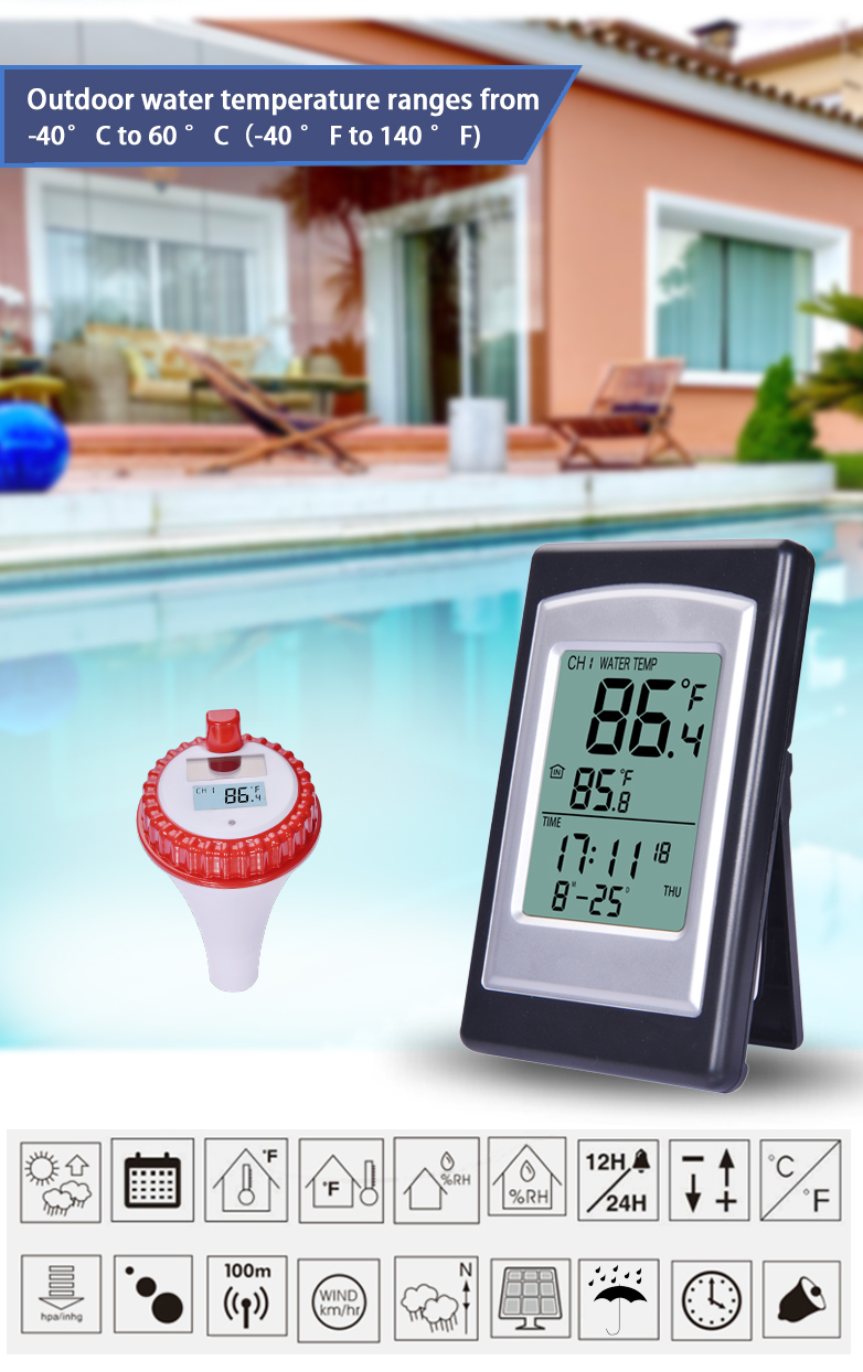 Temperature Accuracy Wireless Solar Digital Pool Thermometer In Red And Silver -40 to 60 ° C