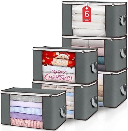 90L LARGE STORAGE BAGS, 6 PACK CLOTHES STORAGE BINS FOLDABLE CLOSET ORGANIZERS