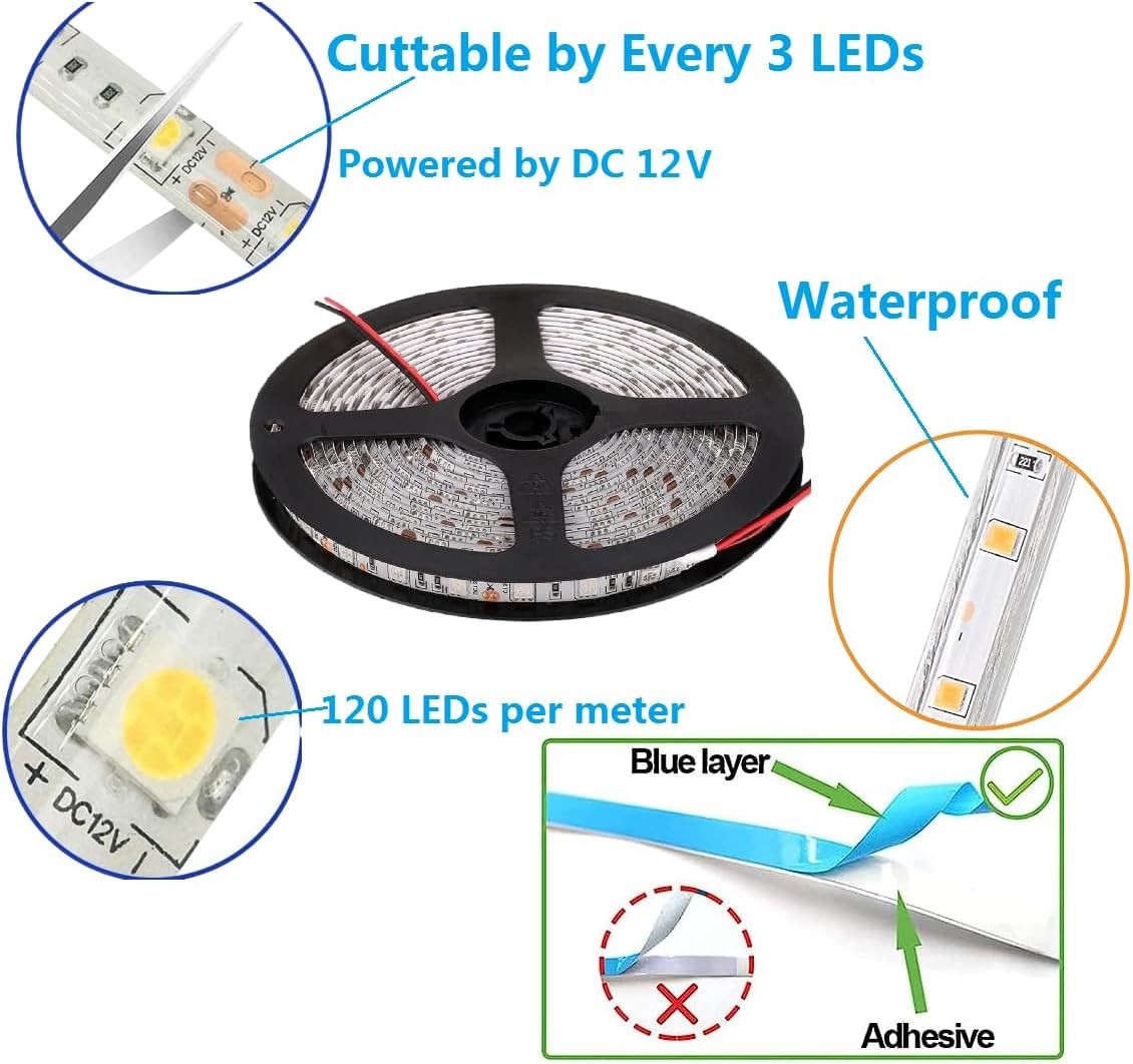 12V Flexible LED Strip Lights Waterproof 120 LEDS Warm white LED Light Strips, Pack of 16.4ft/5m