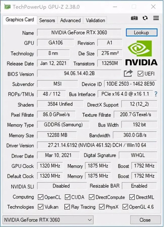 8nm Mining Graphic Card GTX 3060 12gb 14000MHz Dual Fans For Workstation