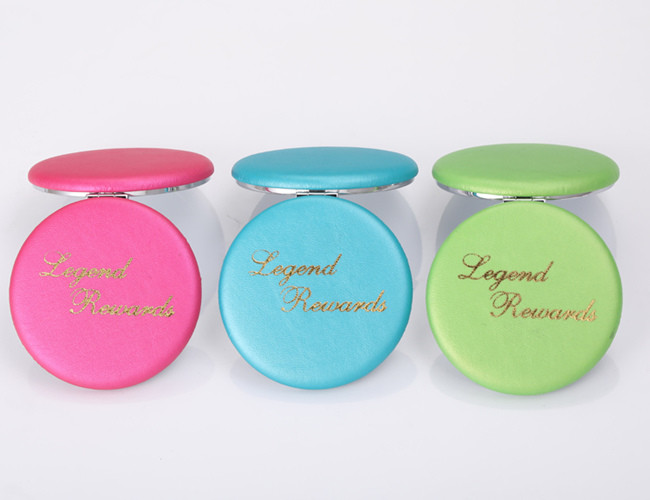 Foldable PU Promotional Compact Mirrors Gold Stamping Pocket Makeup Mirror