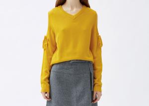 Wholesale Bright Yellow Lace Up Womens Knit Pullover Sweater Off Shoulder Top from china suppliers