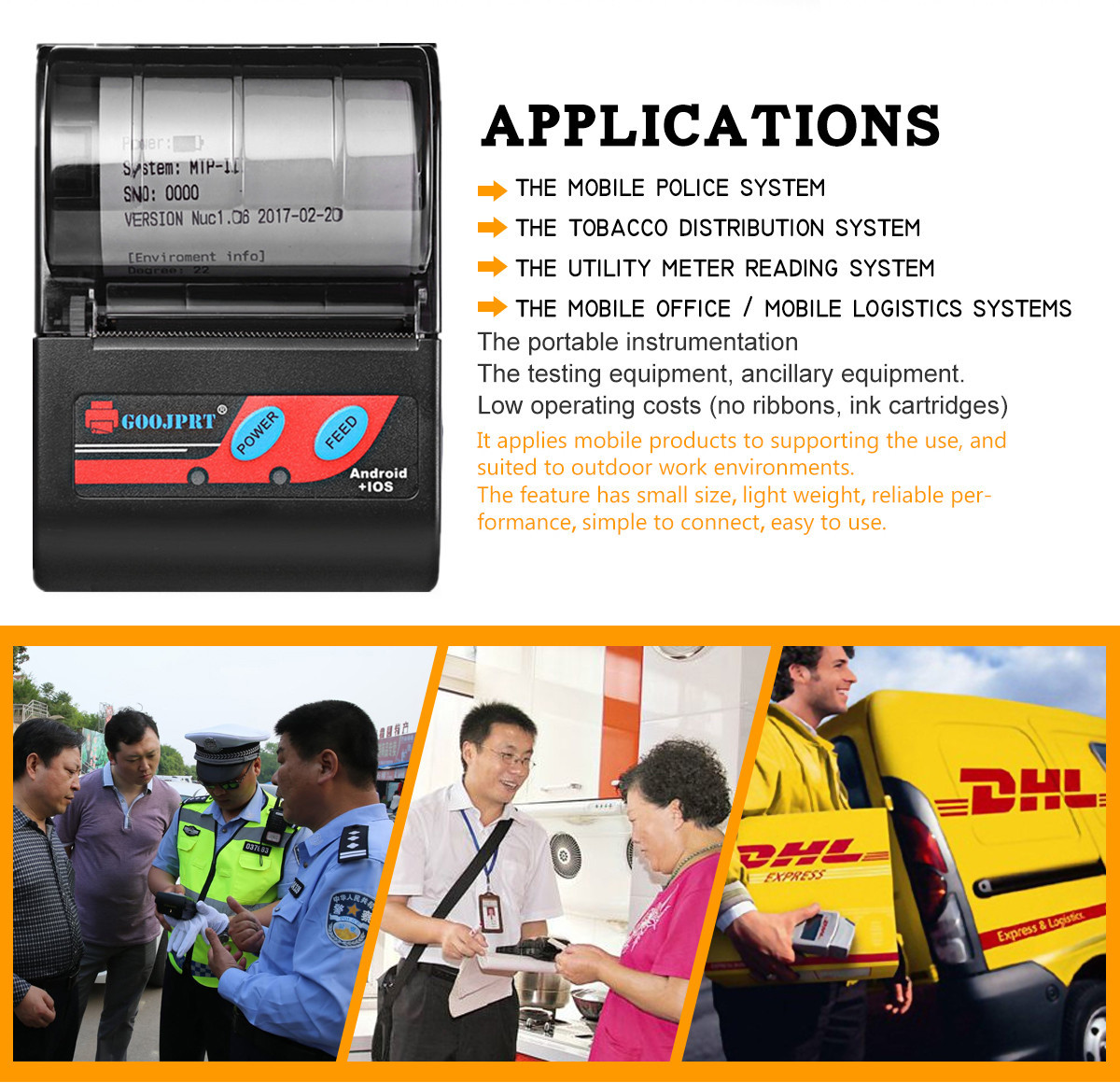 Bluetooth Interface Type Wireless Mobile Printer 12V 1A 50 - 80mm/s Printing Speed