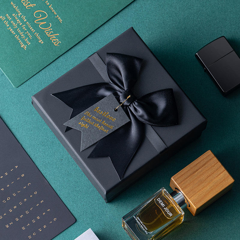 Custom Cosmetic Perfume Bottle Gift Box With Black Bow Ribbon Lid And Base Packaging