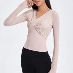 Cross Folded Ladies Yoga Tops Long Sleeve V Neck Sports Shirts With Thumb Hole