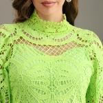Cut Out Lace Dress Lantern Sleeve High Waist Solid Knee-length Trumpet Dress