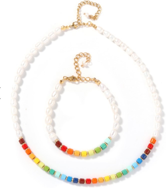 5-6mm Freshwater Pearl Bracelet , rainbow colored Enamel Bead Bracelet