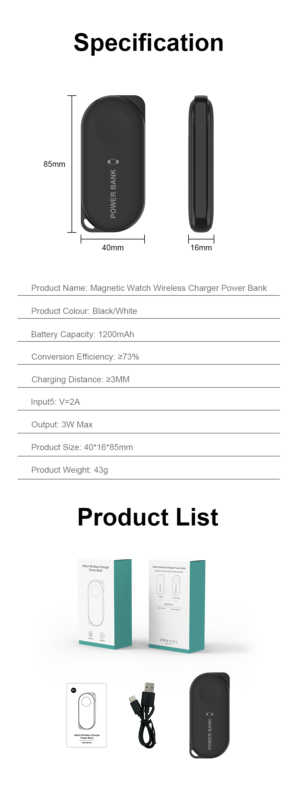 Wireless Charging Magnetic Charger 1200mAh Portable Powerbank for iWatch and Samsung