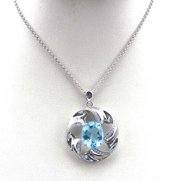 Women Jewelry 925 Silver 8mmx10mm Oval Blue Topaz Cubic Zirconia Charm Pendant Necklace (P15)