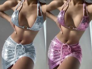 Wholesale Special Fabric Three Piece Swimwear Drawstring Backless 3 Piece Bathing Suit from china suppliers