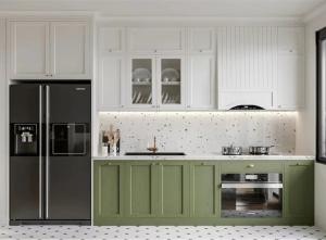 Wholesale Light Green Solid Wood Kitchen Cabinets Island Shape Customization from china suppliers