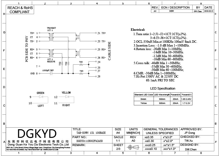 8P8C RJ45 Single Port Female Through Hole Connector DGKYD111B002FA2A1D RJ45 With Transformer