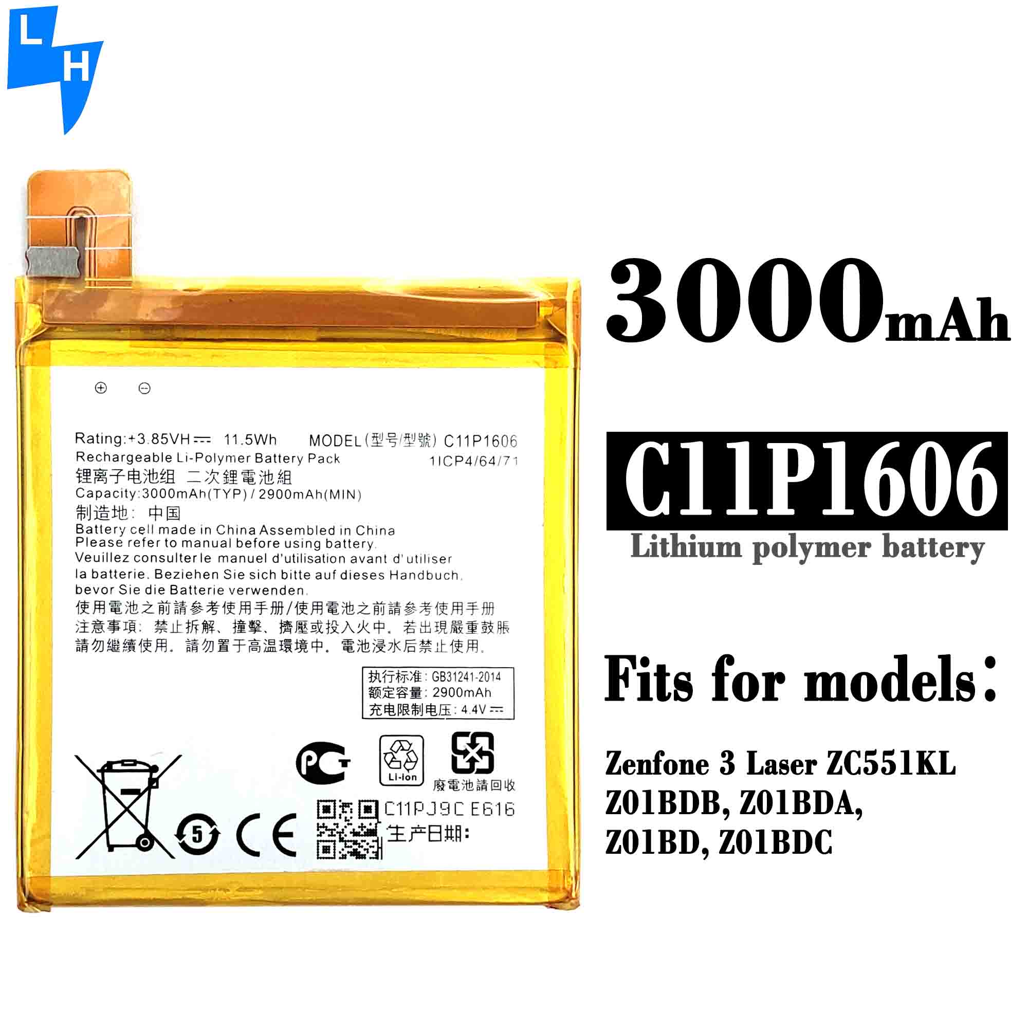 Mobile Phone Battery 3000mAh 3.85V for Zenfone 3 Laser 5.5 ZC551KL Zoom ZX551ML Z01BDC