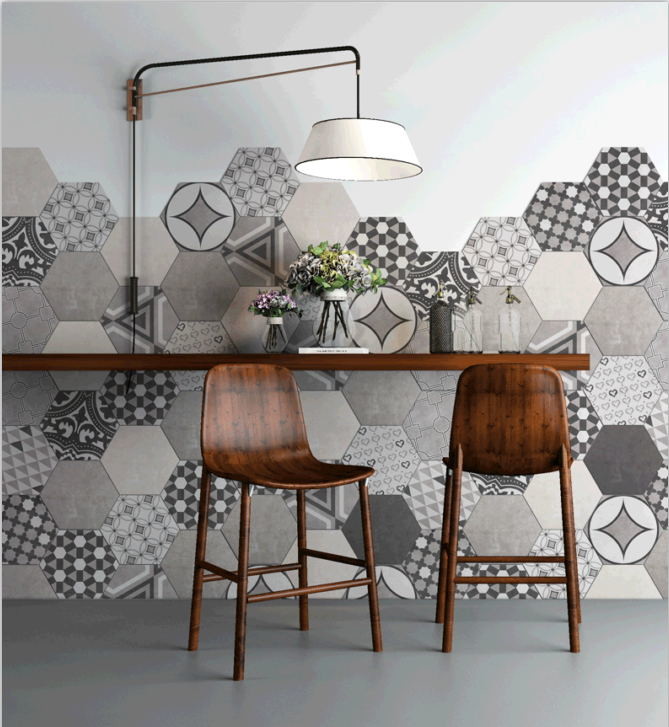 Hexagon White And Black 8'X9.2' Modern Porcelain Tile Matte Finished