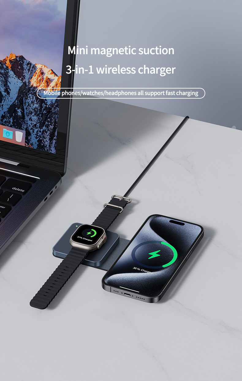 Portable Magnetic Foldable Wireless Charger with Multiple Charging Powers of 3W-15W