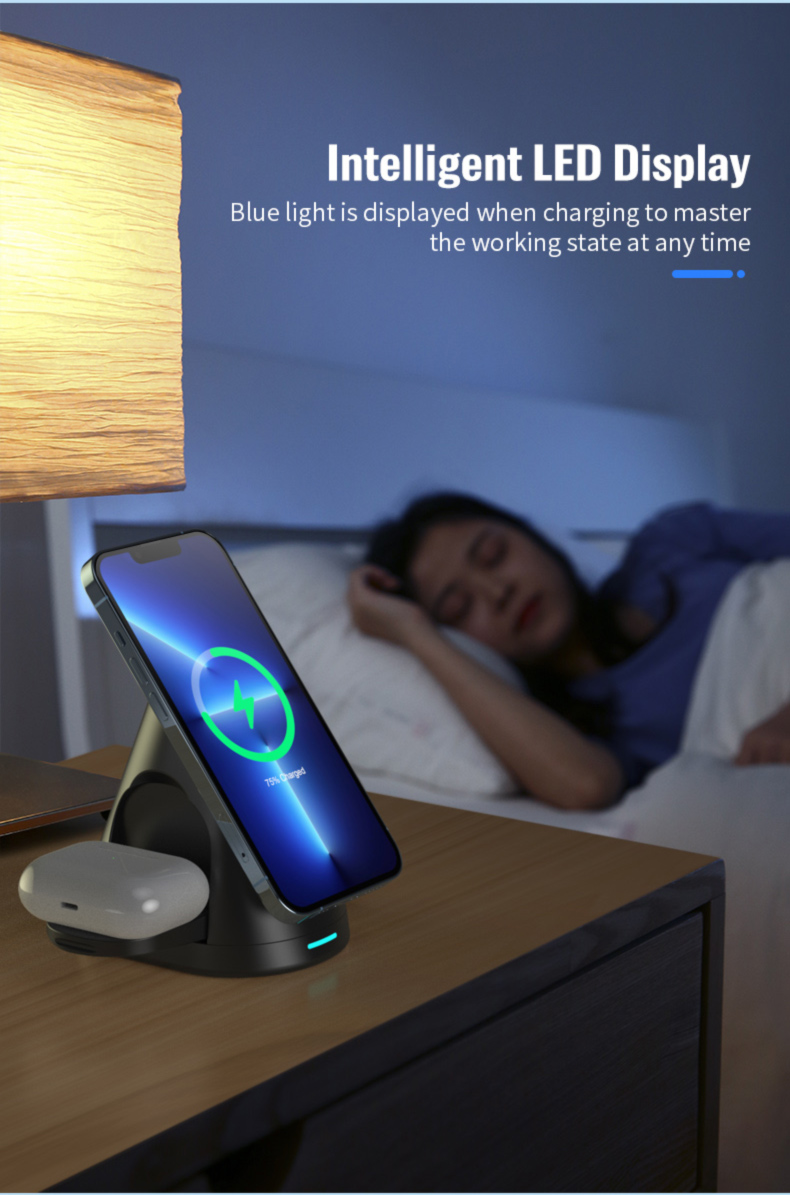 Intelligent 3 in 1 Fast Charging Station with Strong Magnetic Suction and Qi Function