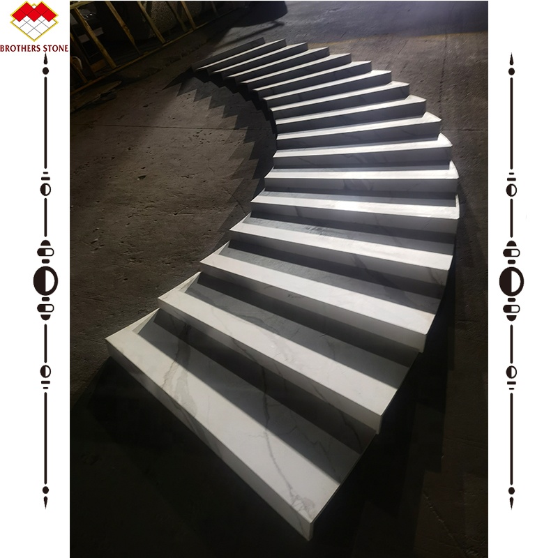 Indoor Stairs Made of Artificial Stone with Calacatta Pattern and LED Lighting Cover