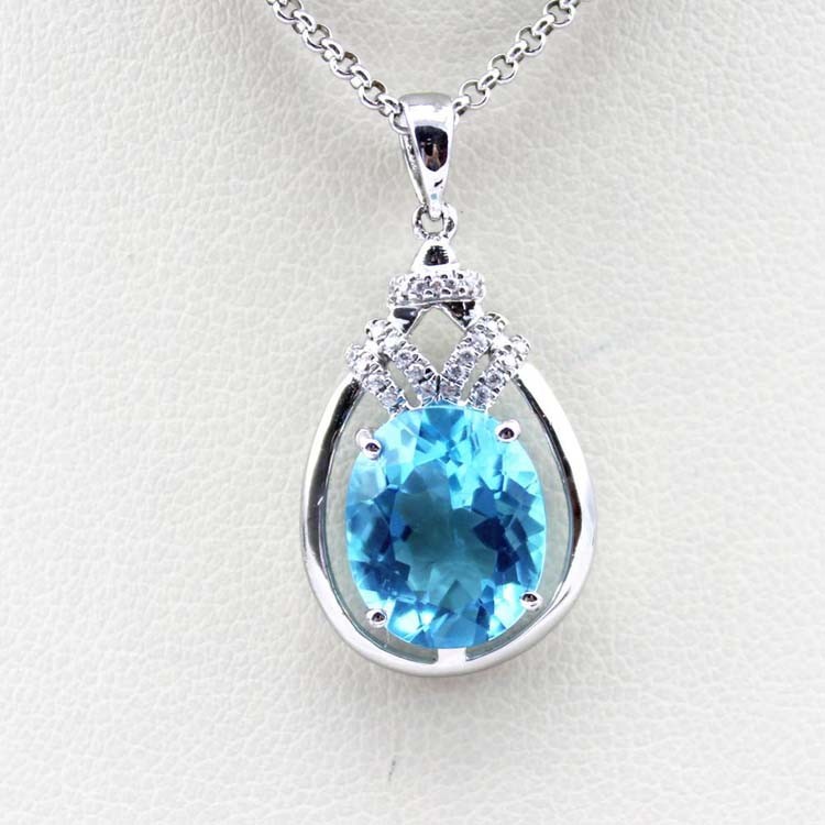 Sterling Silver Jewelry 9mmx11mm Oval Blue Topaz Cubic Zircon Pendant(PSJ0427)