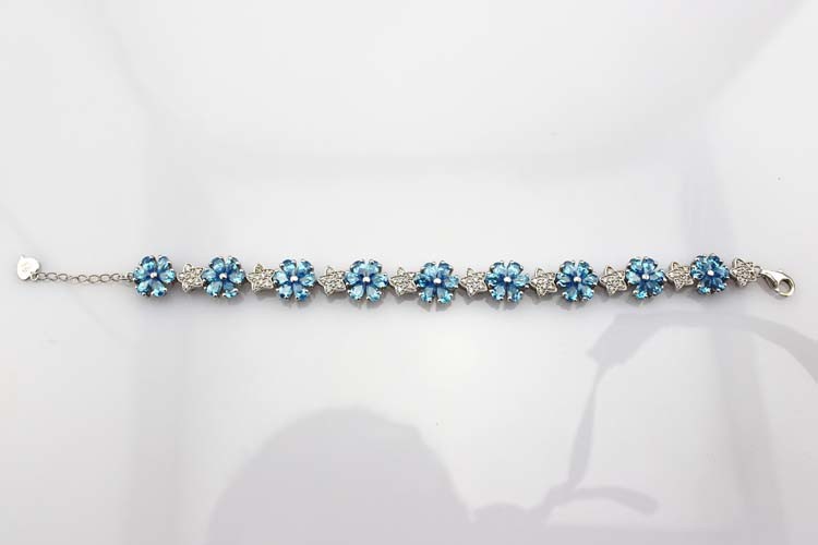 Sterling Silver Link Flower Blue Topaz Cubic Zircon Tennis Bracelet(B01BLUE)
