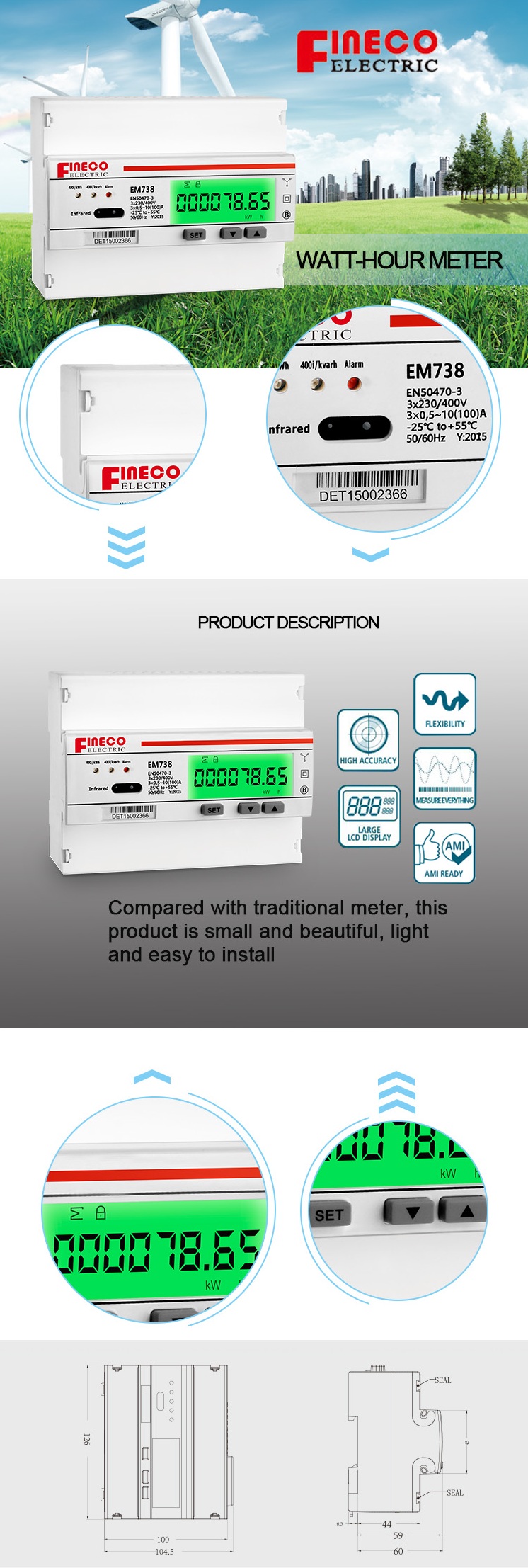 Modbus RTU Communication Three Phase Electronic Energy Meter for Solar Power Monitoring