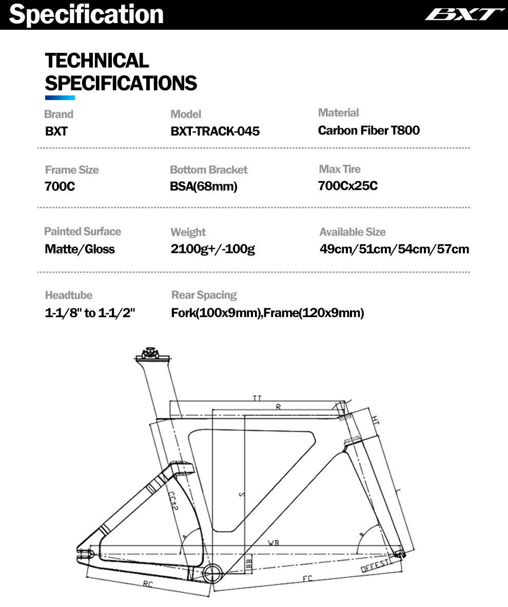 Toray T1000 Carbon Fiber Bike Frame 700C Fixed Gear Racing Road Frameset