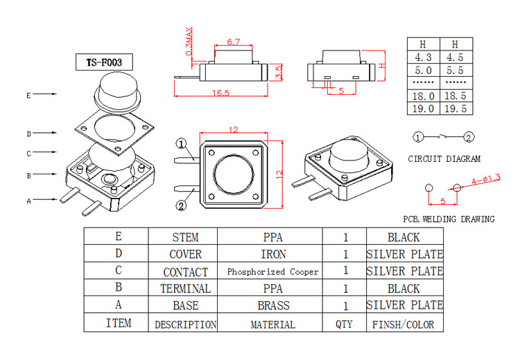 Multi Color Side Pin Momentary Off Push Button , 12X12 mm Tactile Switch