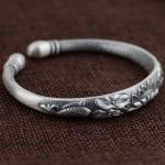 Women Engraved Water Lily Buddhist Sutras Sterling Silver Cuff Bracelet