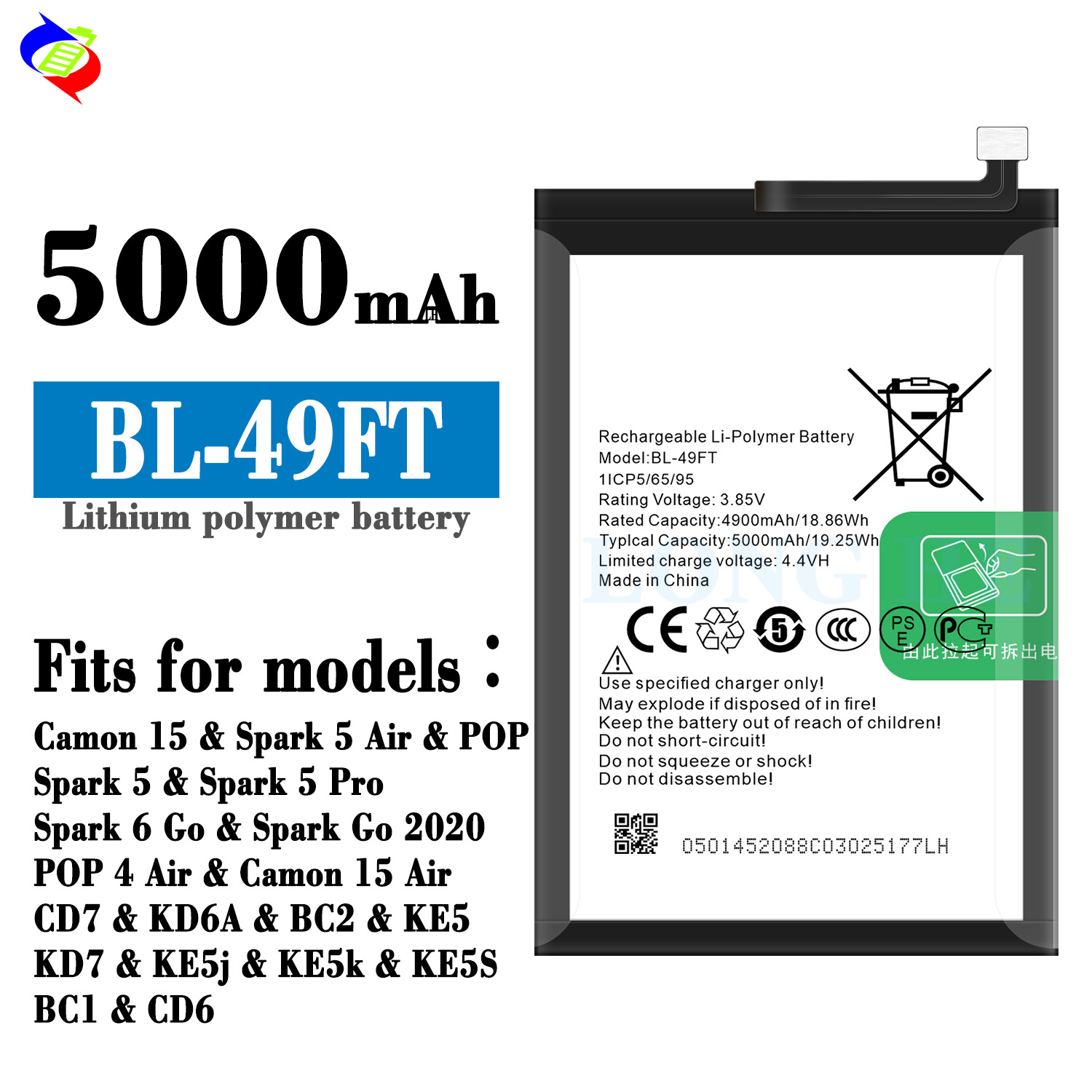 5000mAh Rechargeable Battery for Tecno Camon 15 CD7 Mobile Phone System Model BL-49FT