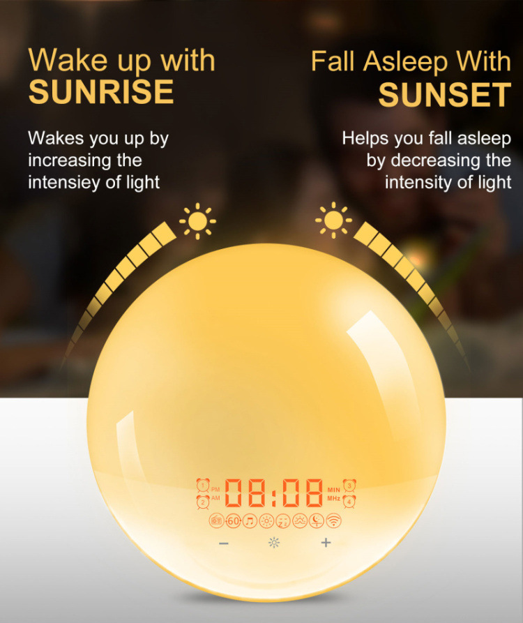 2022 New Smart APP Sunrise Wake up Light Alarm Clock with 8 Natural Music Sunrise Simulation Bedside Night light with FM