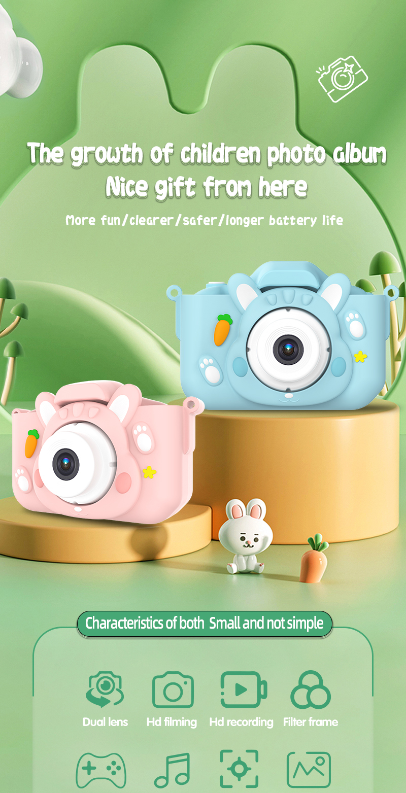 X11S Mini Dual Lens Kids Camera 1080P Bunny Cartoon Children Camera Adorable Toy Kids Selfie Digital Camera As Gift Prize