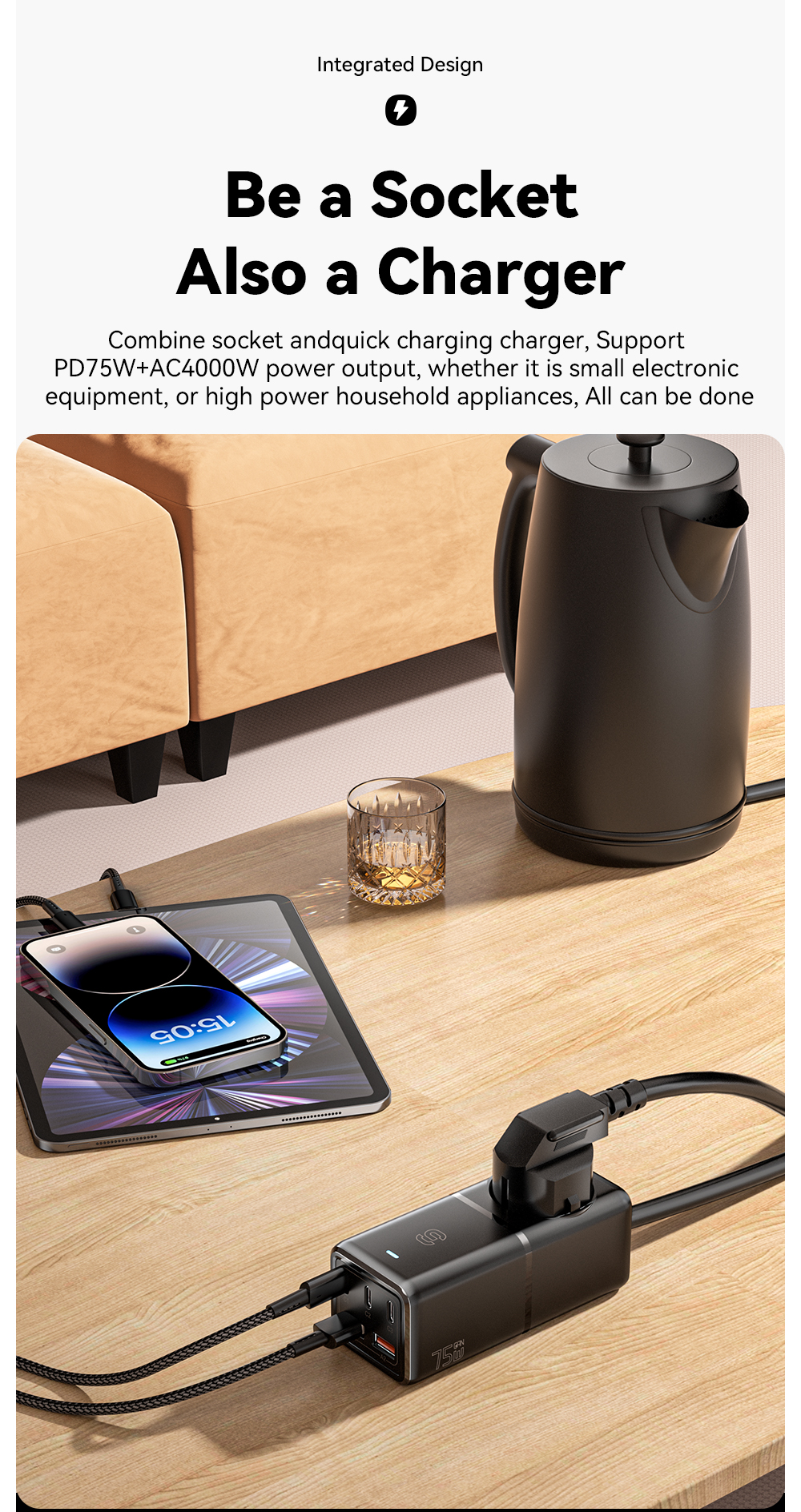 USB A USB C GaN Chargers Power Strip WL-Gan75-EU Series With EU Plug